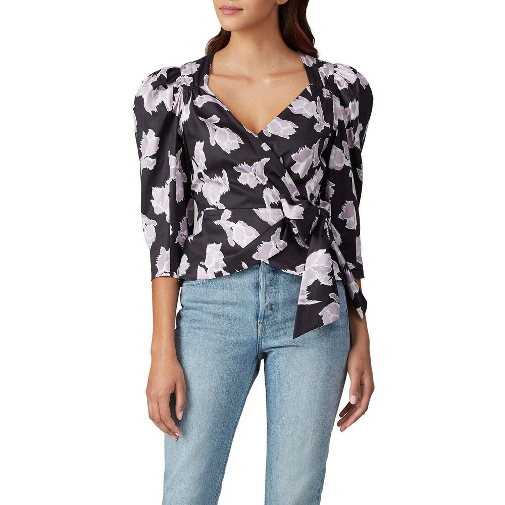 Rebecca Taylor Silk Blend Floral Wrap Blouse Size 2 Black Lilac Tie Waist